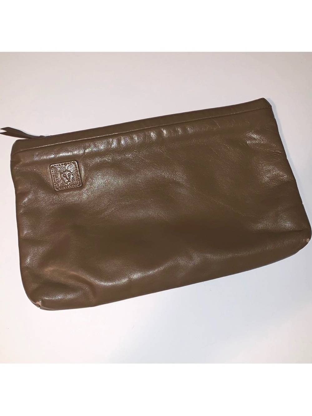 Vintage 90s Anne Klein Soft Leather Zip Clutch / Pouch - Brown Taupe